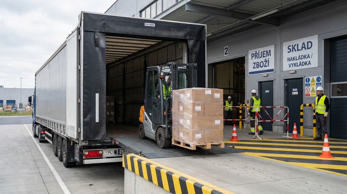 Rozładunek palety z ciężarówki na polskiej rejestracji krakowskiej przy czeskim magazynie z napisem „PŘÍJEM ZBOŽÍ” – wózek widłowy wyjeżdża z naczepy przy rampie.