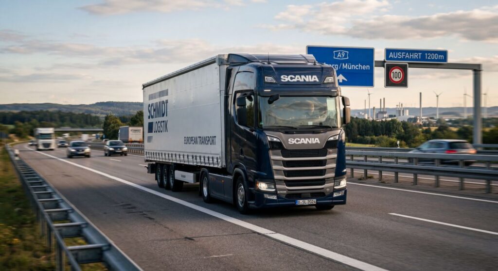 Ciężarówka jedzie autostradą w Niemczech, realizując międzynarodowy transport drogowy