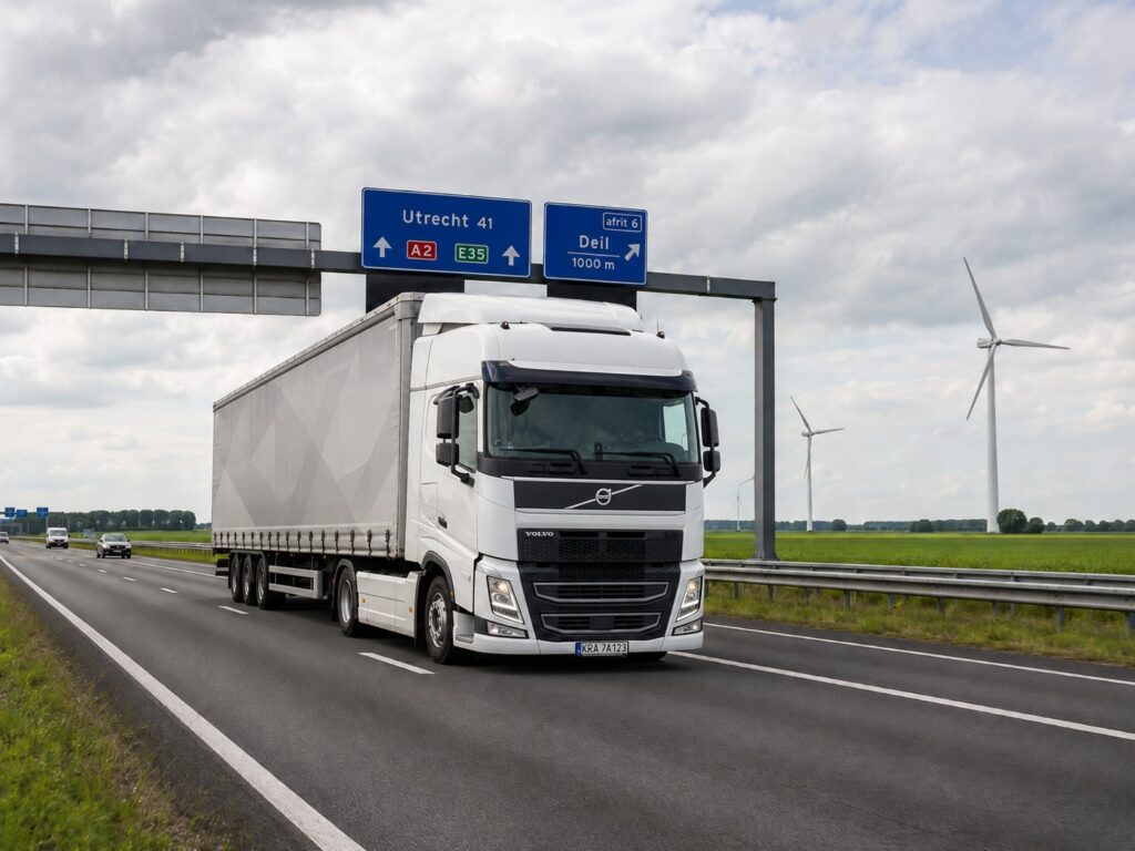 Ciężarówka na autostradzie w Holandii, międzynarodowy transport drogowy Polska-Holandia