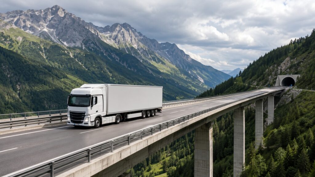 Ciężarówka na austriackiej autostradzie na tle Alp, międzynarodowy transport drogowy Polska-Austria