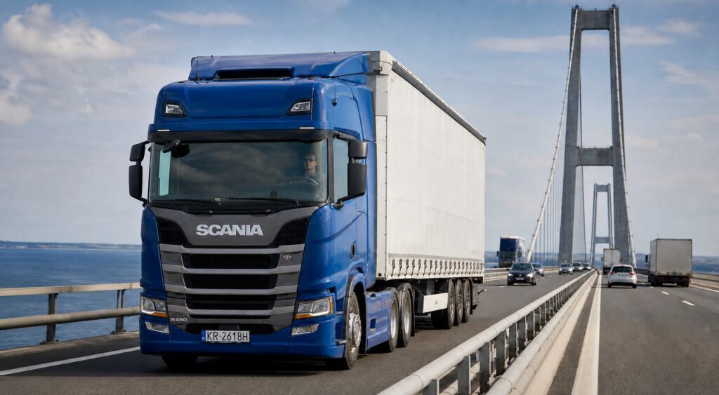 Ciężarówka na moście w Danii, międzynarodowy transport drogowy Polska-Dania