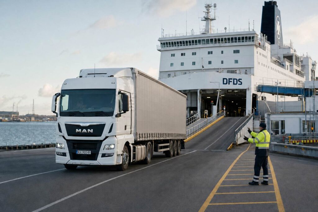 Ciężarówka na przeprawie promowej do Danii, transport międzynarodowy Polska-Dania
