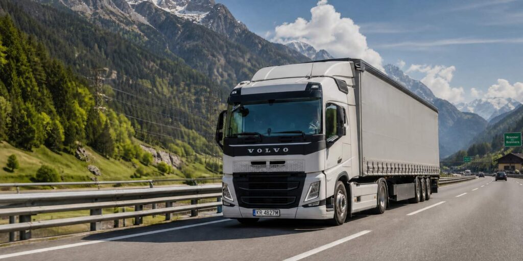 Ciężarówka na alpejskiej autostradzie w drodze przez Brenner do Włoch, transport Polska-Włochy